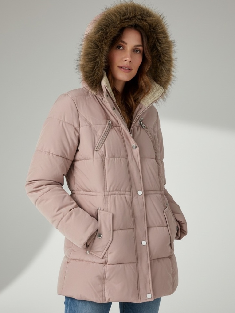 London Fog Sz XS Parka Pink Puffer Coat Faux-Fur Detachable Hood Classic Winter